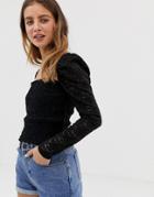 Bershka Shirred Crop Top With Lace Detail In Black - Black