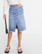 Vero Moda Split Front Midi Denim Skirt In Light Blue Wash-blues