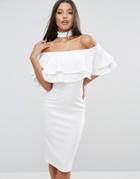 Club L Bardot Midi Dress With Double Frill And Choker Detail - White