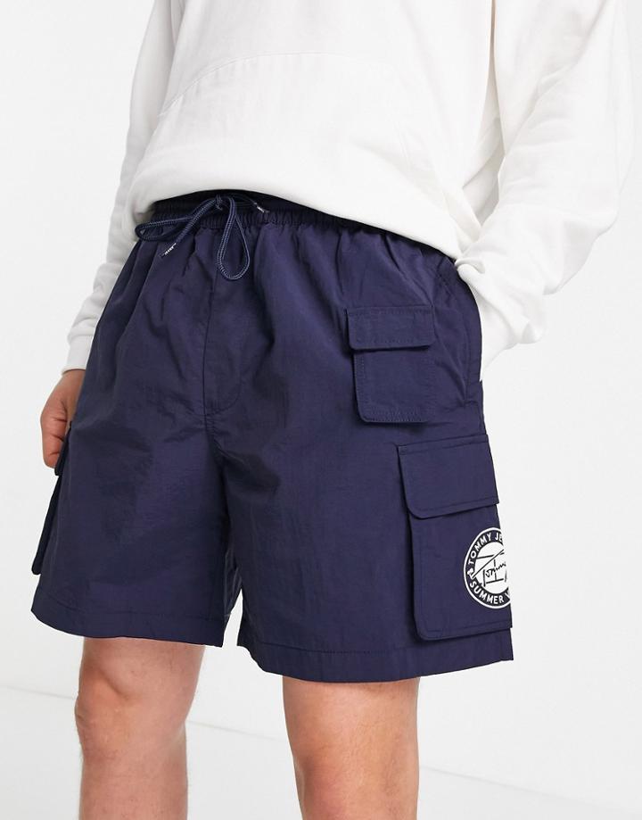 Tommy Jeans Nylon Cargo Beach Shorts In Navy