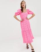 Asos Design Neon Broderie Midi Dress With Sweetheart Neckline And Puff Sleeves - Pink