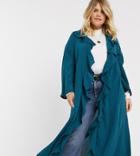 Verona Curve Maxi Duster Jacket With Ruffle In Chiffon-green