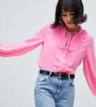 River Island Blouse With Frill Neck In Pink - White