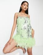 Asos Edition Floral Sequin And Bead Mini Dress With Faux Feather Hem In Apple Green