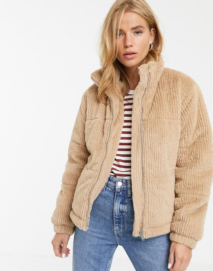 New Look Faux Fur Cord Puffer Jacket In Camel-tan