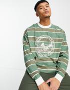 Asos Design Oversized Stripe Long Sleeve T-shirt In Khaki With Mountain Print-green