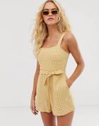 & Other Stories Square Neck Linen Romper In Yellow Gingham