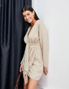 Asos Design Plunge Mini Dress With Wrap Drape Skirt In Camel-neutral