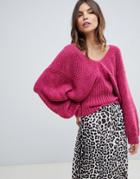 Asos Design Stitch Detail Sweater With Wide V Neck - Pink