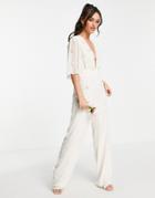 Hope & Ivy Bridal Embroidered Plunge Jumpsuit In Ivory-white