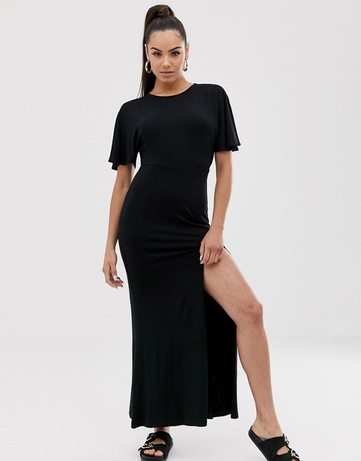 Asos Design Flutter Sleeve Backless Maxi Dress With High Split - Black
