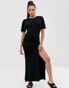 Asos Design Flutter Sleeve Backless Maxi Dress With High Split - Black