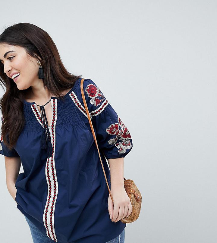 Koko Embroidered Tie Front Detail Blouse - Navy