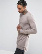 Asos Longline Long Sleeve T-shirt With Raw Edge Hem Detail - Gray
