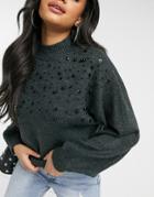 New Look Cozy Knit Beaded Sweater With Volume Sleeve In Charcoal Gray-grey