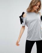 Asos T-shirt With With Cold Shoulder Tie Detail - Gray