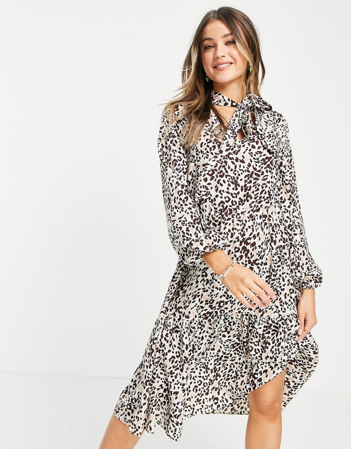 Lola May Tie Neck Midi Smock Dress In Leopard Print-multi