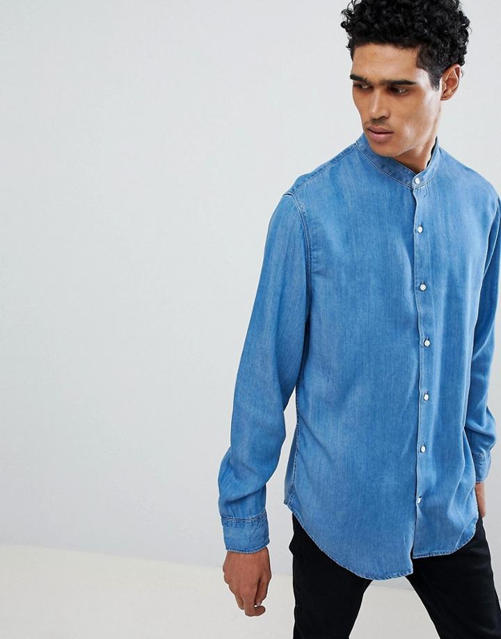 Stradivarius Denim Shirt With Grandad Collar - Blue