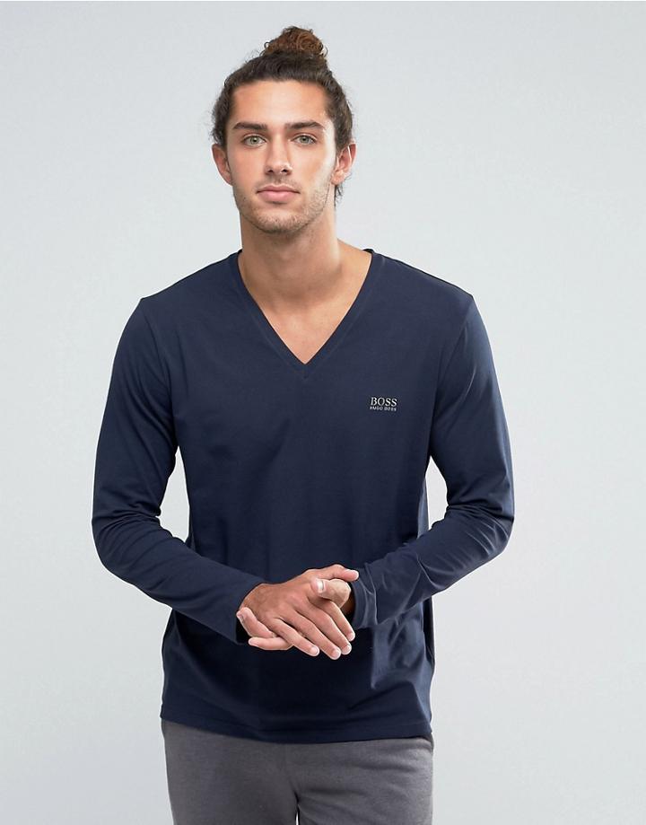 Boss By Hugo Boss V-neck Long Sleeve Top In Regular Fit - Navy