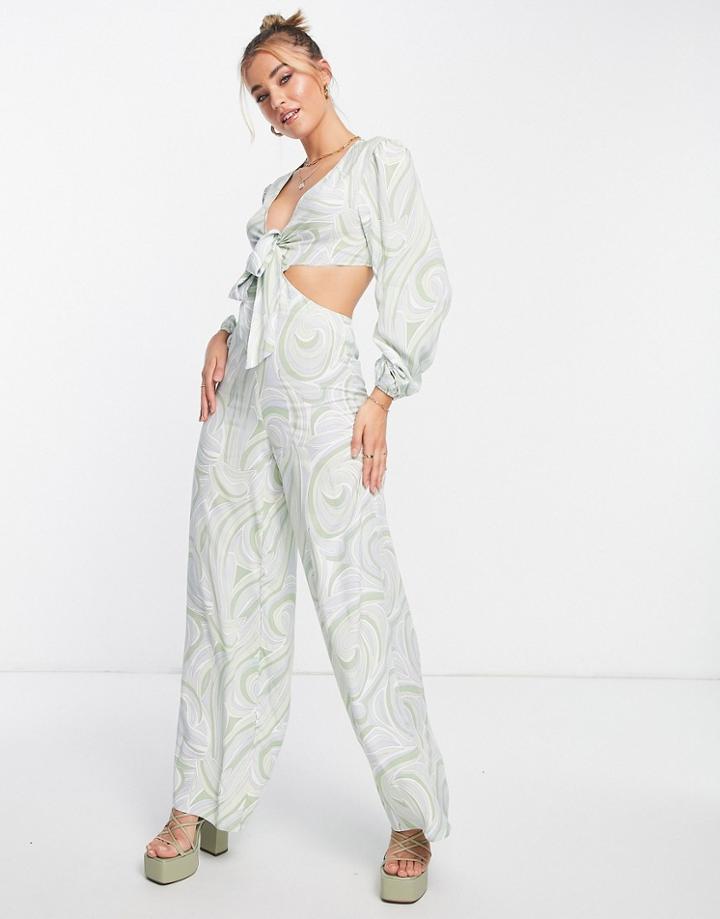 Miss Selfridge Cut Out Wide Leg Jumpsuit In Retro Swirl Print-green