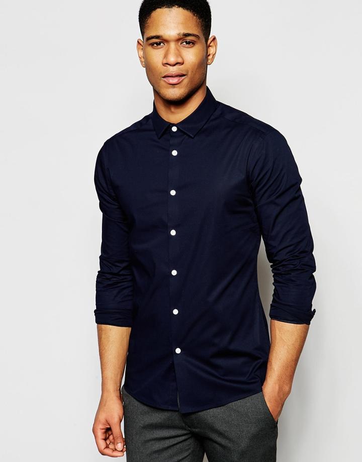 Asos Skinny Shirt In Navy With Long Sleeves - Navy