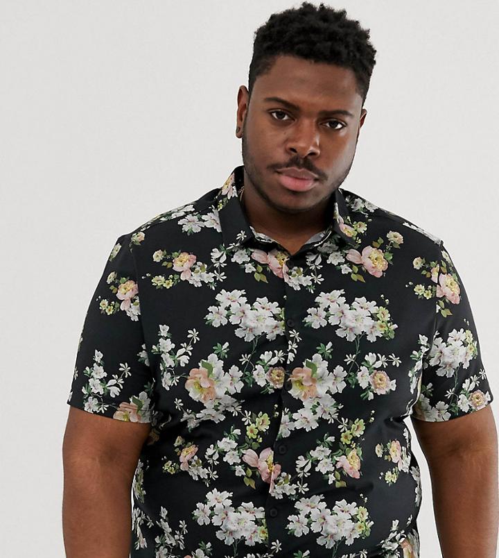 Asos Design Plus Slim Fit Floral Shirt - Black