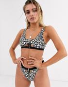 Luxe Palm Vine Print Cut Out Bikini Top With Gold Zip-multi