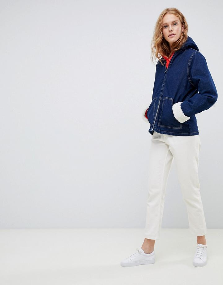 Asos Design Denim Jacket With Hood With Fleece Lining - Blue