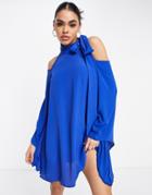 John Zack Mini Swing Dress With Tie Detail In Cobalt-blues