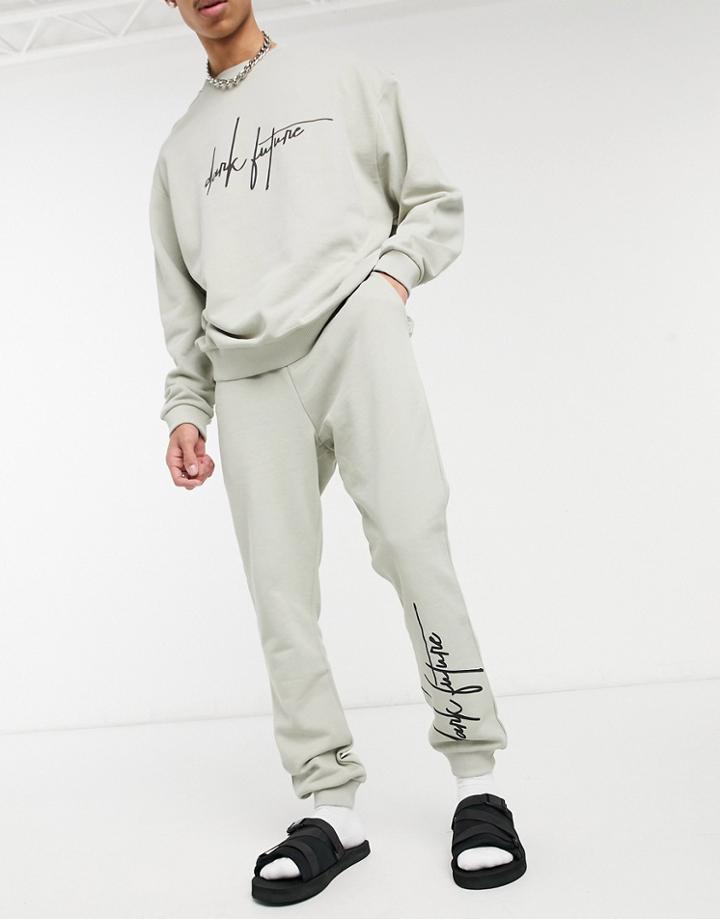 Asos Dark Future Set Oversized Sweatpants With Script Logo In Ice Gray-grey