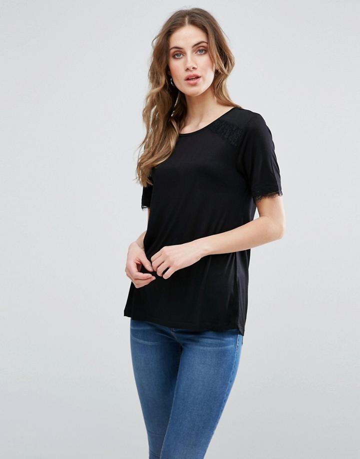 Warehouse Eyelash Lace Mix Top - Black