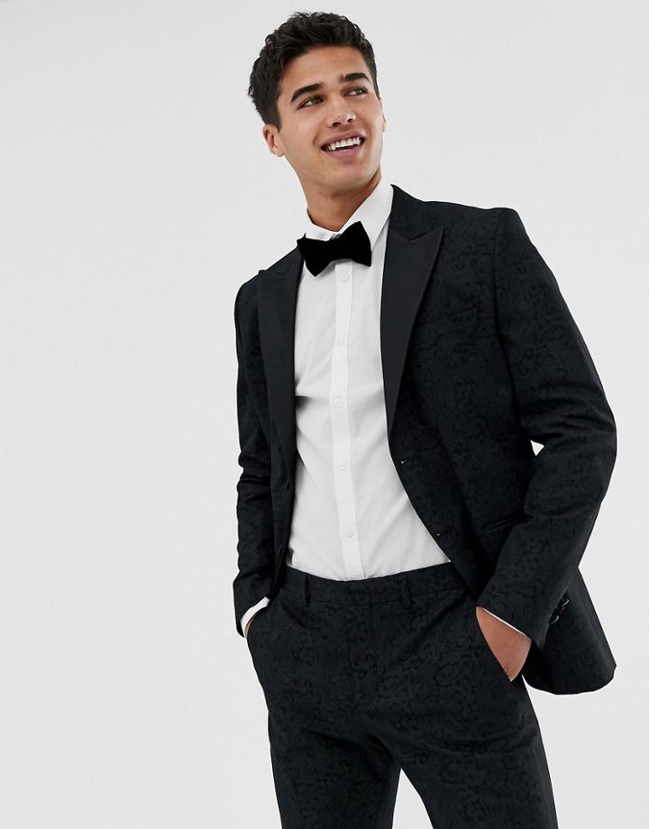 Jack & Jones Premium Tuxedo Suit Jacket With Printed Paisley Jacquard In Skinny Fit - Black