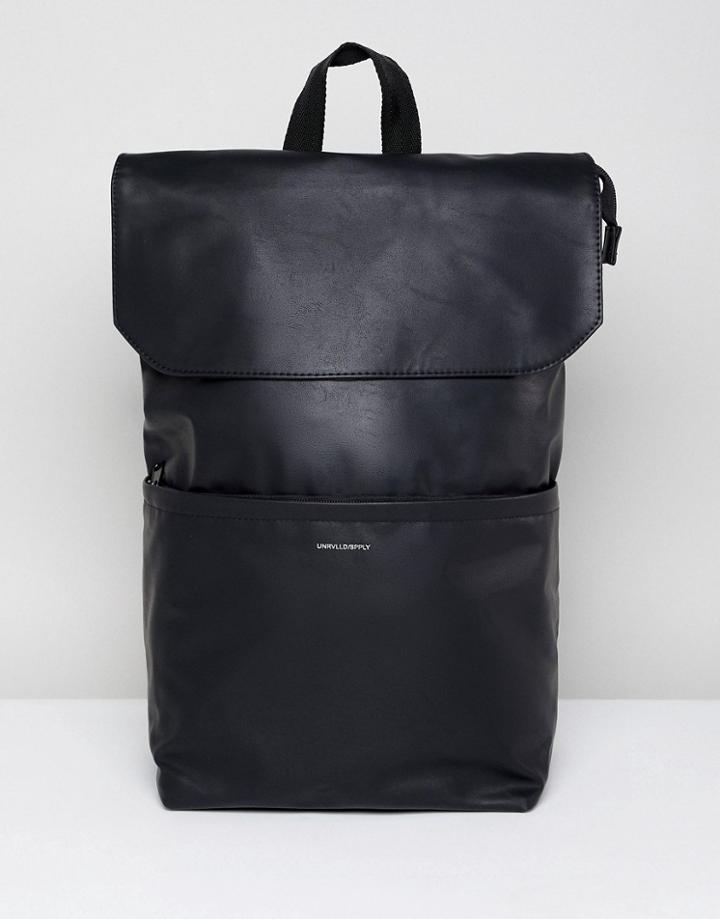 Asos Design Backpack In Faux Leather In Black With Fold Top And Silver Emboss - Black