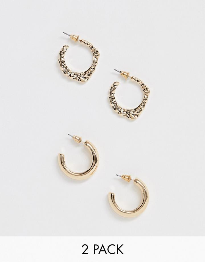 Asos Design Pack Of 2 Hoop Earrings With Minimal And Molten Metal Design In Gold Tone - Gold