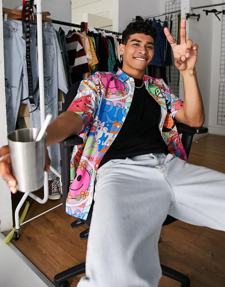 Asos Design Boxy Oversized Shirt In Bright Peace And Smile Print-multi