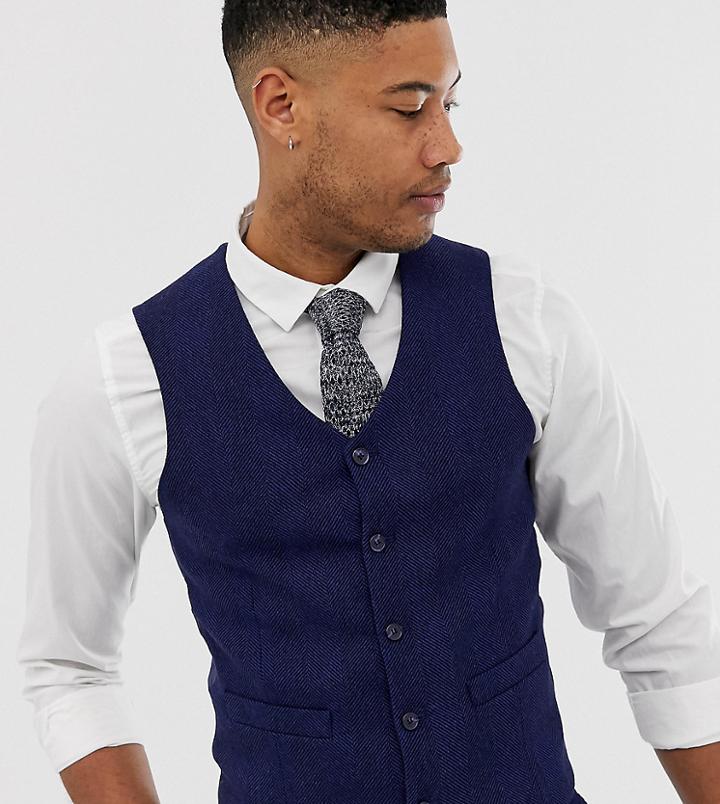 Asos Design Tall Wedding Skinny Suit Vest In Blue Wool Blend Herringbone - Blue
