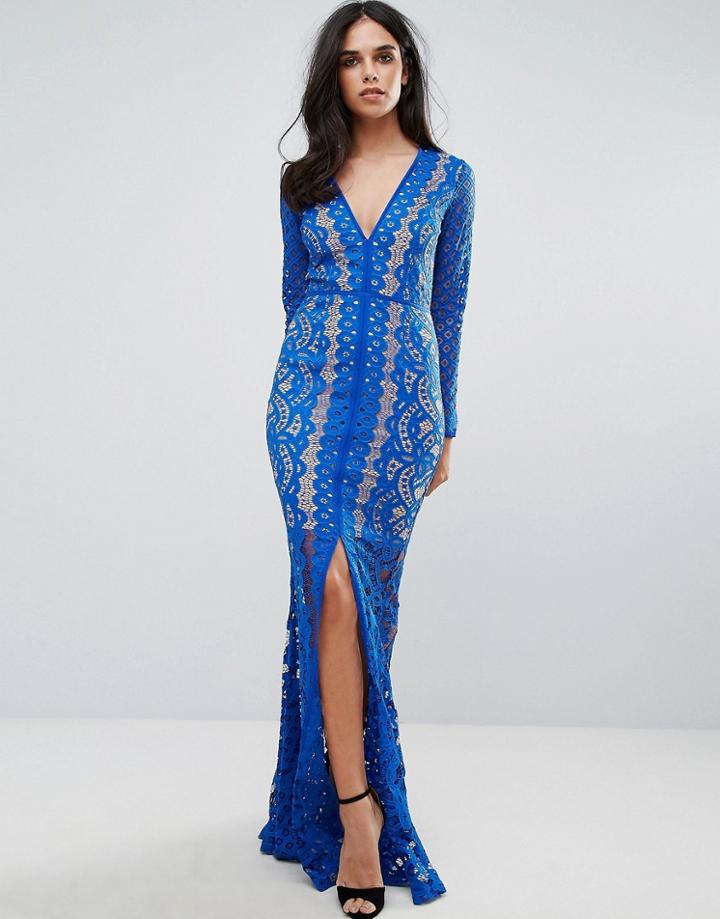 Forever Unique Lace Plunge Maxi Dress - Blue