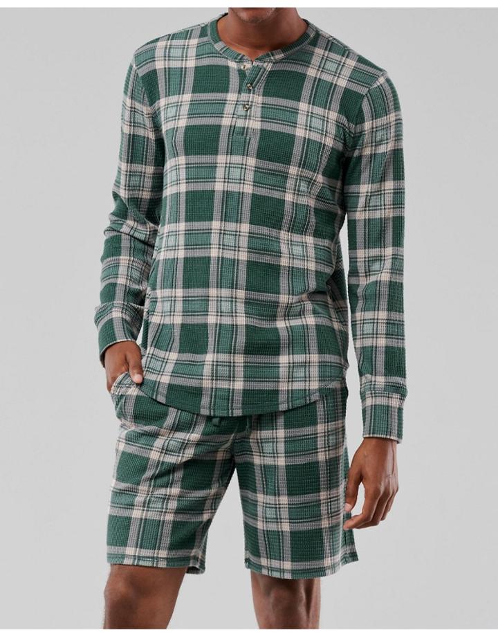 Gilly Hicks Check Waffle Henley Lounge Long Sleeve Top In Green