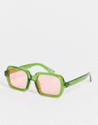 Asos Design Recycled Square Frame Sunglasses In Green With Pink Lens