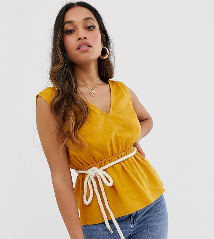 Asos Design Petite Linen Sleeveless Top With Belt Detail - Yellow