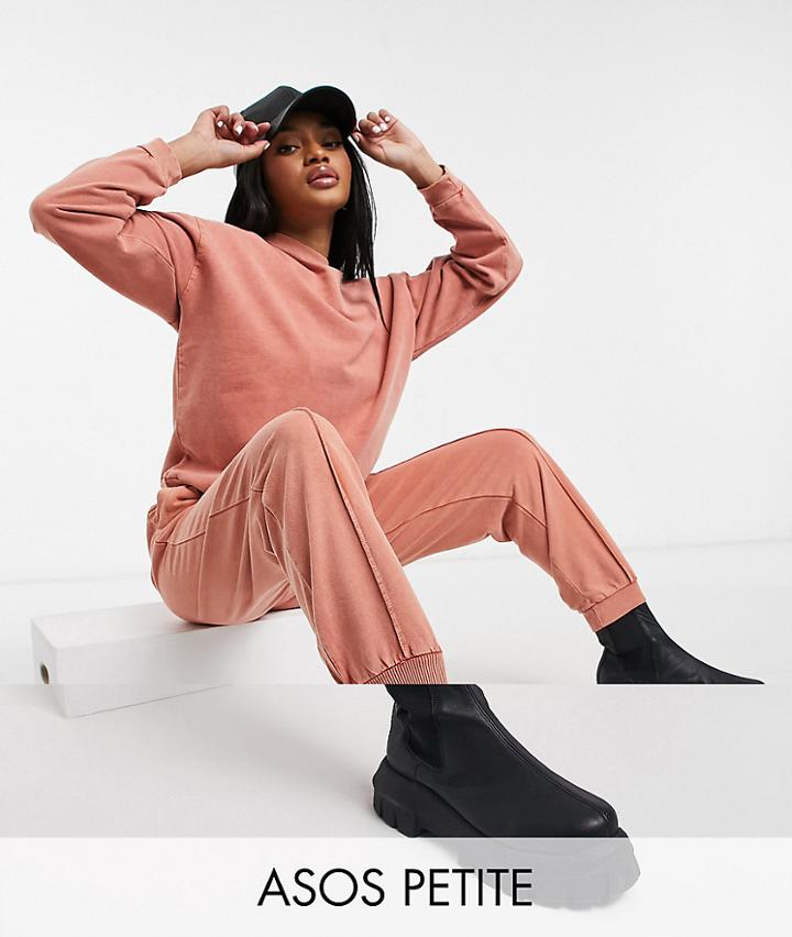 Asos Design Petite Tracksuit Oversized Sweatshirt / Oversized Sweatpants With Pintuck In Acid Wash In Terracotta-brown