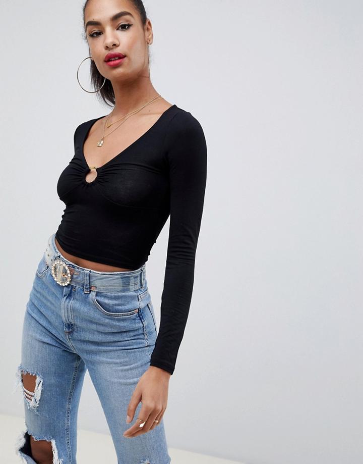 Asos Design Long Sleeve Top With Ring Detail - Black