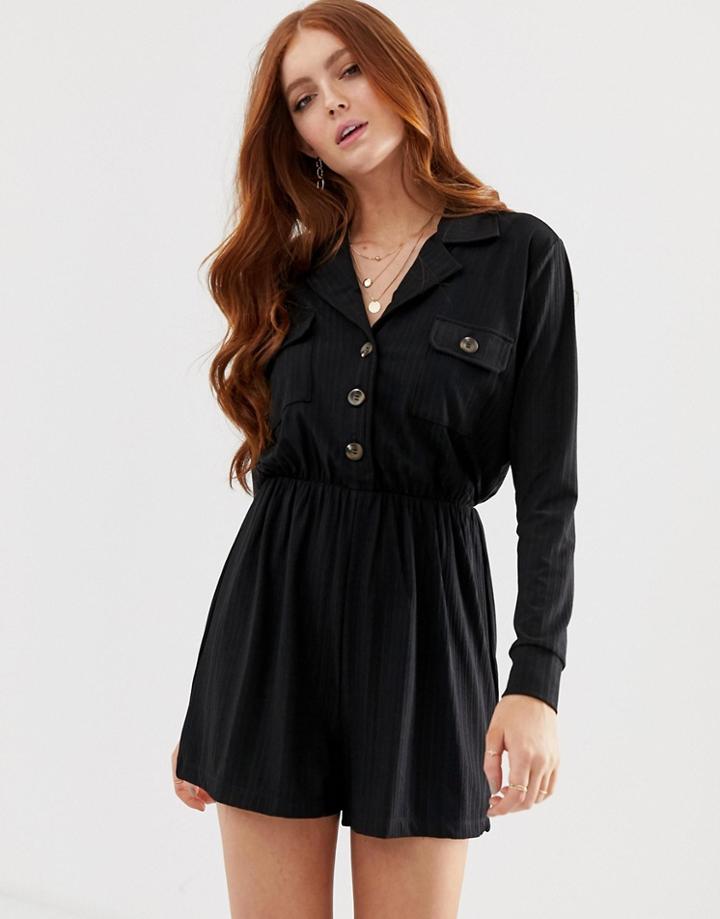 Asos Design Button Detail Shirt Romper With Long Sleeve - Black