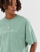 Asos Design Oversized T-shirt With Central Seam And Chest Print In Heavyweight Jersey-green