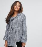 Daisy Street Tall Gingham Off Shoulder Shirt - Blue