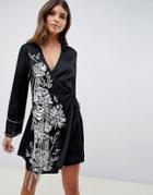Asos Design Kimono Wrap Dress With Pearl And Embellishment With Tassle Ties - Black