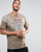 Asos Oversized Longline T-shirt With Bandana Yoke Print In Brown - Brown