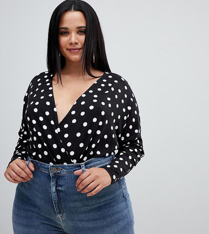 Asos Design Curve Kimono Wrap Body In Polka Dot-multi