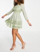 Asos Design Premium Lace Mini Skater Dress In Sage Green