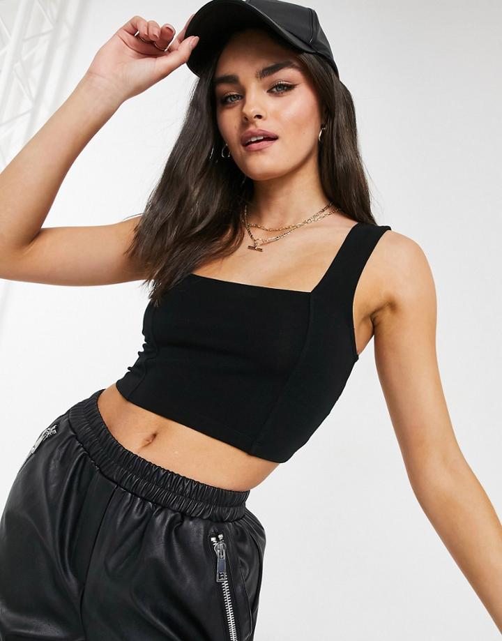 Asos Design Cotton Crop Cami With Square Neck And Seam Detail In Black - Black